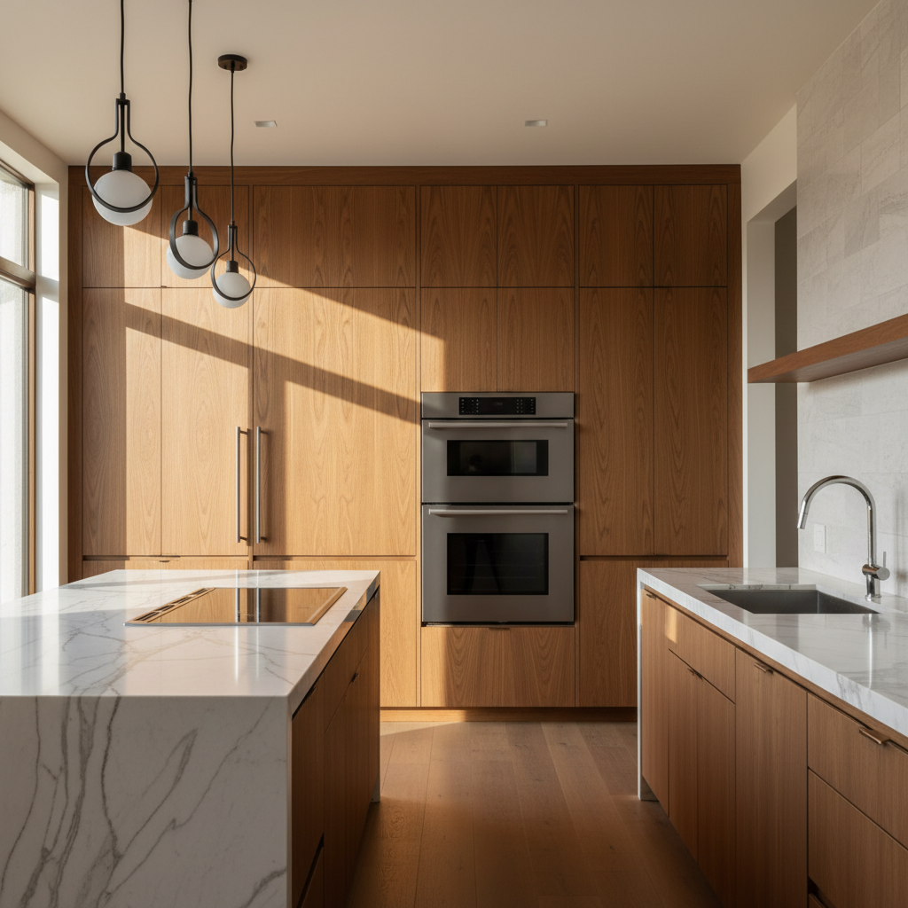 Bright upscale kitchen with integrated Sub-Zero style appliances